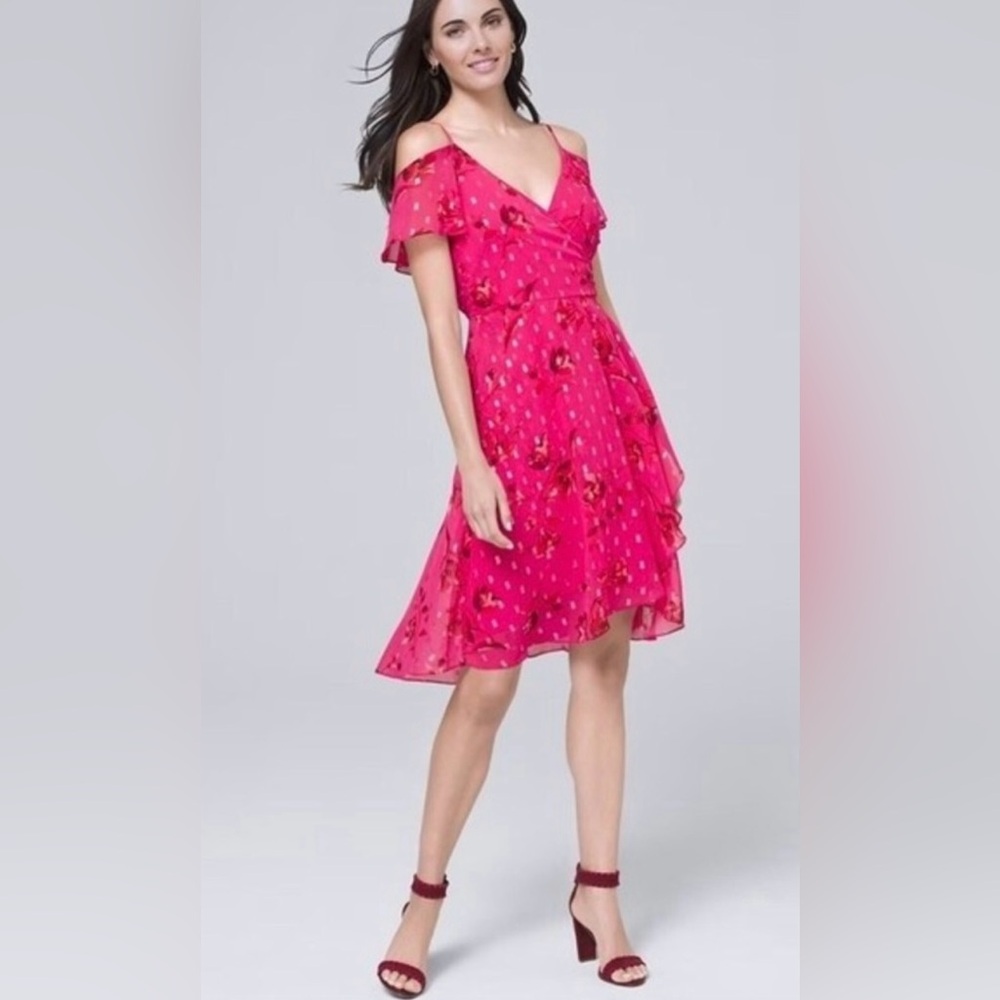 White House Black Market Pink With Floral Print Cold Shoulder Dress Size 12